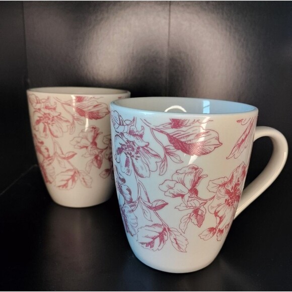 Verdi by Sango Set of 2 Toilet de Jouy Pattern Floral Pink and White Mugs - Picture 1 of 7